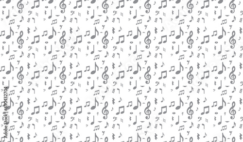 Seamless pattern design. Black musical notes in rounded corner style on transparent background, Pattern included swatches.