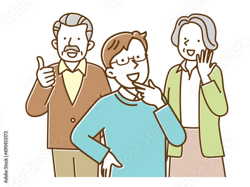 喜んでいるシニア夫婦と息子の3人のイラスト