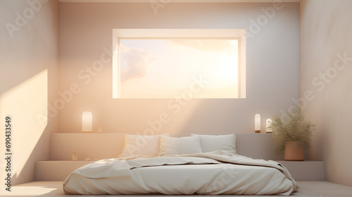 A bed with pillows is positioned under a spacious rectangular window in a minimalist bedroom, bathed in the sharp rays of the setting sun.
