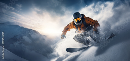 Snowboarder in mid-action, carving through deep powder on a beautiful mountain slope. photo