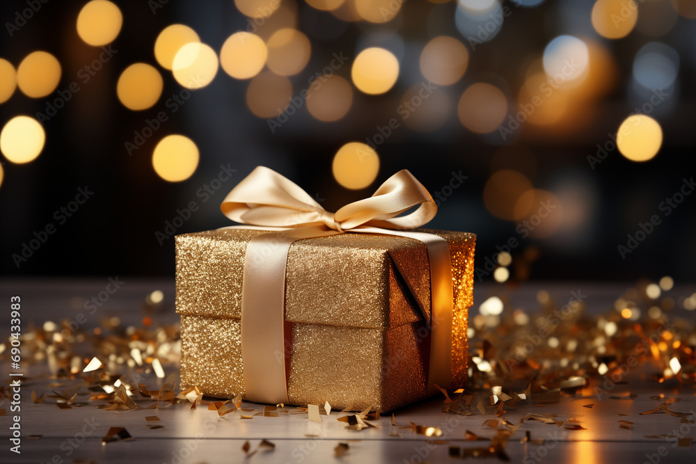 A gift wrapped in gold paper with a glittering, festive background. Generative AI. A gift wrapped in gold paper with a glittering, festive background. Generative AI.