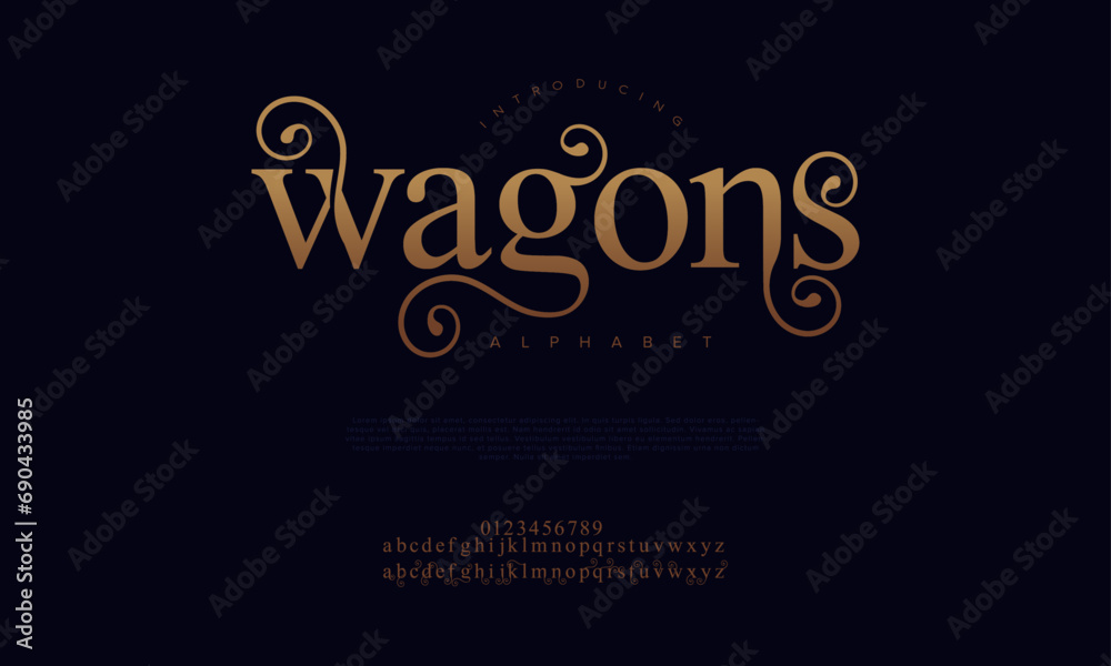 Wagons premium luxury elegant alphabet letters and numbers. Elegant wedding typography classic serif font decorative vintage retro. Creative vector illustration