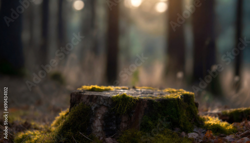 Old tree stump overgrown with moss on a blurred background of the forest. Close-up. For product display. Natural product presentation and advertising concept. Empty space