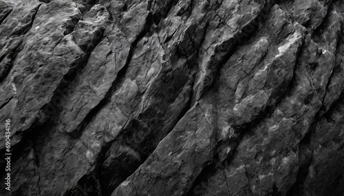 Black white rock texture. Dark gray stone granite background for design. Rough cracked mountain surface. Close-up. Crumbled.