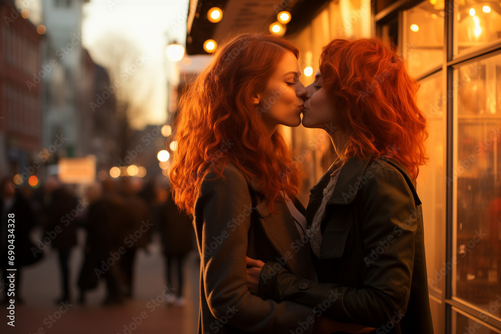 Lesbian Couple in Love on a Romantic Date through the Streets of a City, Making Precious Memories with Affectionate Kisses in the Charming Urban Setting