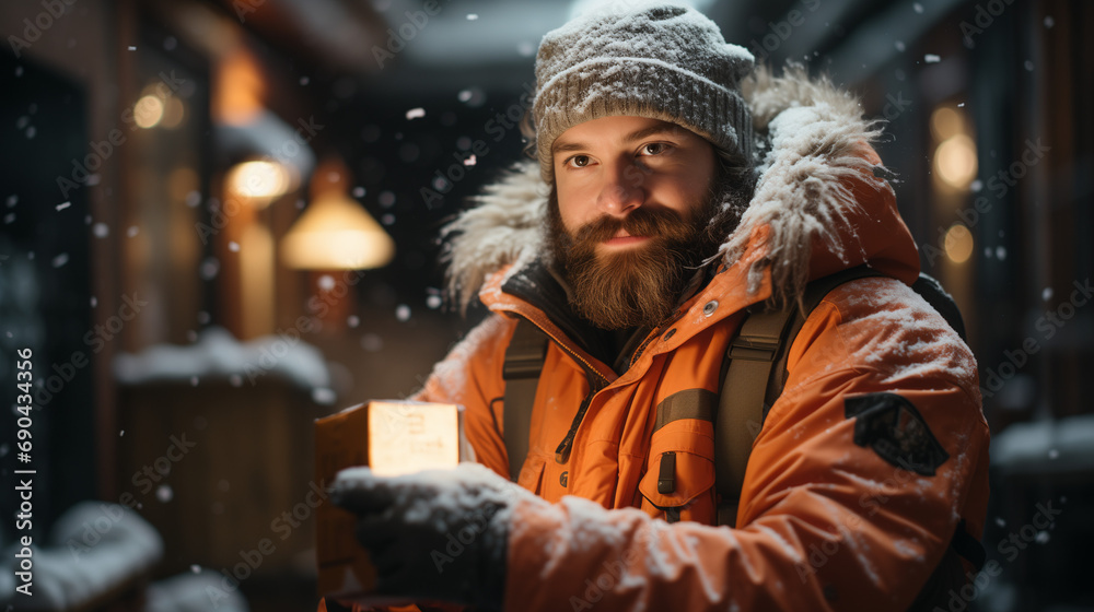A delivery person delivering a package in the snow. Generative AI. This is not a real person. A delivery person delivering a package in the snow. Generative AI. This is not a real person.