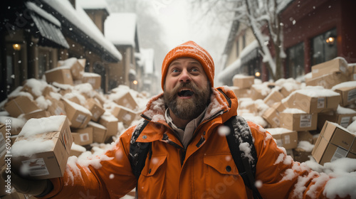 A delivery person delivering a package in the snow. Generative AI. This is not a real person. 