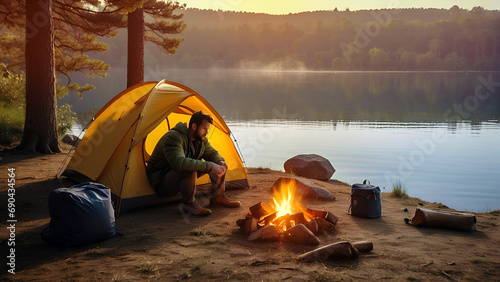 Man sat in his tent watching the campfire by a lake photo