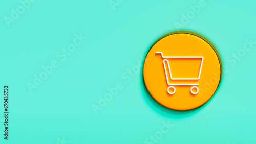 Green stage with orange button and shopping cart icon, internet sales and marketing theme