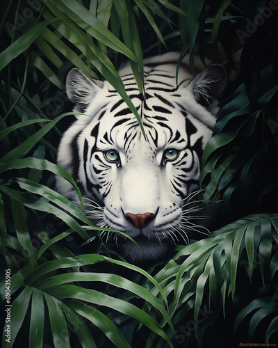 a white tiger peeks out from behind a bush of leaves in close up in a tropical rain forest. © Maizal