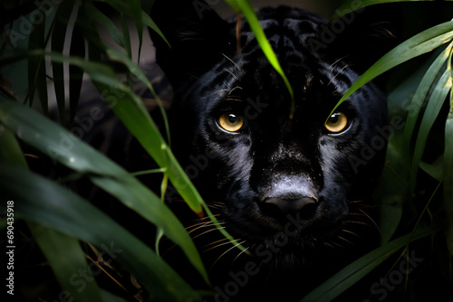 a Black Panther peeks out from behind a bush of leaves in close up in a tropical rain forest.