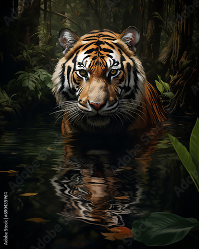 a tiger peeks out from behind a bush of leaves in close up in a tropical rain forest.