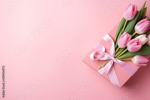 Top View of Pink Giftbox with Ribbon Bow and Tulip Bouquet on Pastel Pink Background - Created with Generative AI Tools © ThePixelCraft