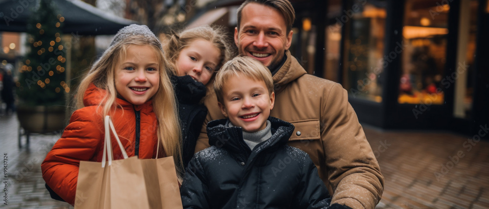 Happy family outdoors together with shopping bags and food