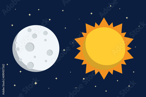 Sun and full moon flat style design vector illustration on outer space background
