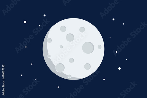Full moon with craters and stars flat design vector illustration photo