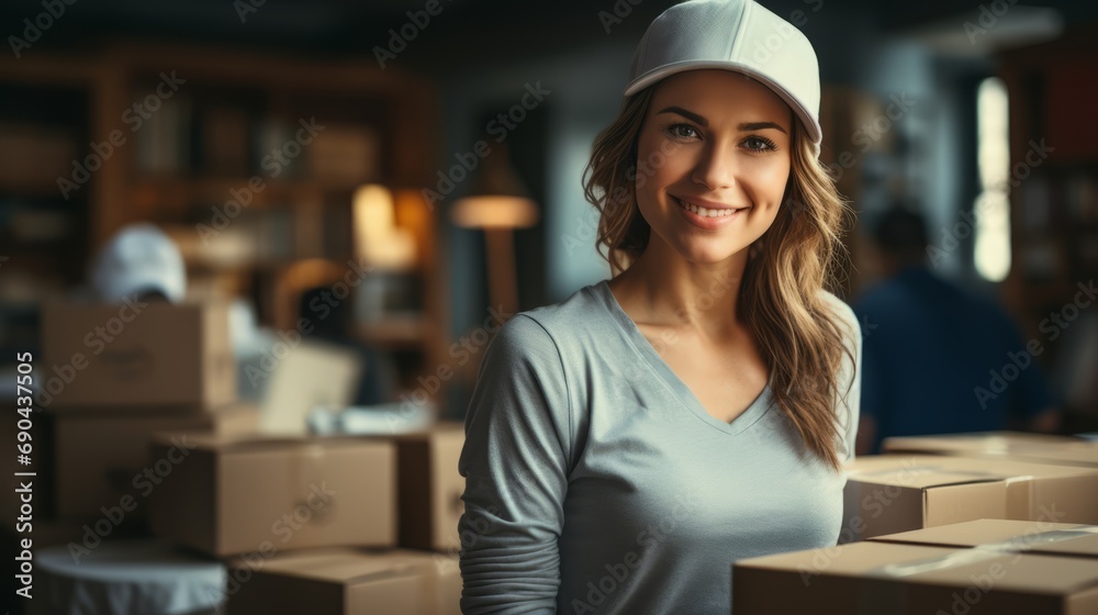 Businesswoman doing business with cardboard boxes in home office - obrazy, fototapety, plakaty 