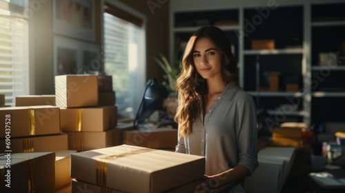Businesswoman doing business with cardboard boxes in home office
