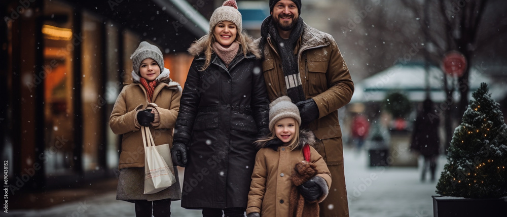Happy family outdoors together with shopping bags and food Happy family outdoors together with shopping bags and food