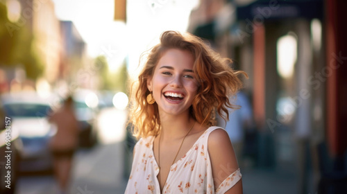 Female portrait. Beautiful young white blonde woman in white sundress smiles widely and looks at camera on street. Concept of summer vacation, weekend, shopping, holiday. Copyspace. Generative AI photo