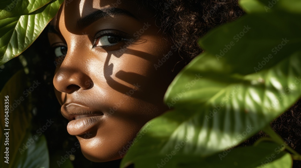 Beauty portrait of a black woman decorated with shadows of lush green leaves