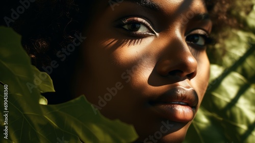 Beauty portrait of a black woman decorated with shadows of lush green leaves