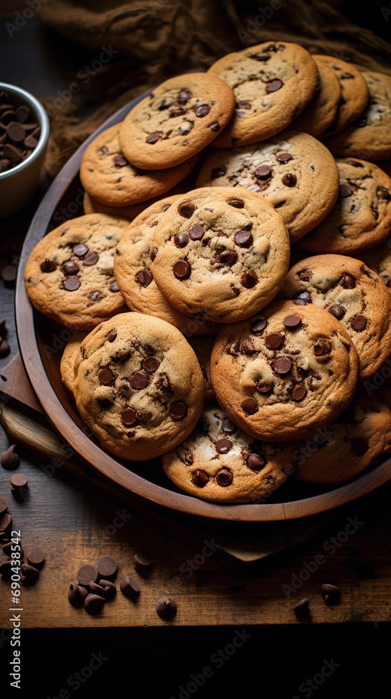 tray of freshly baked chocolate chip cookies on a rustic wooden table tray of freshly baked chocolate chip cookies on a rustic wooden table