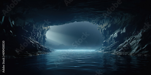 Glowing white portal illuminates a stark, cavernous landscape, casting reflections on a tranquil underground lake photo