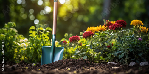 Shovel stands buried in the soil of a vibrant garden, the greenery of plants and flowers in the background photo