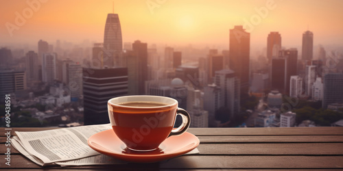 The day begins with a fresh brew and the latest news, high above the bustling metropolis photo