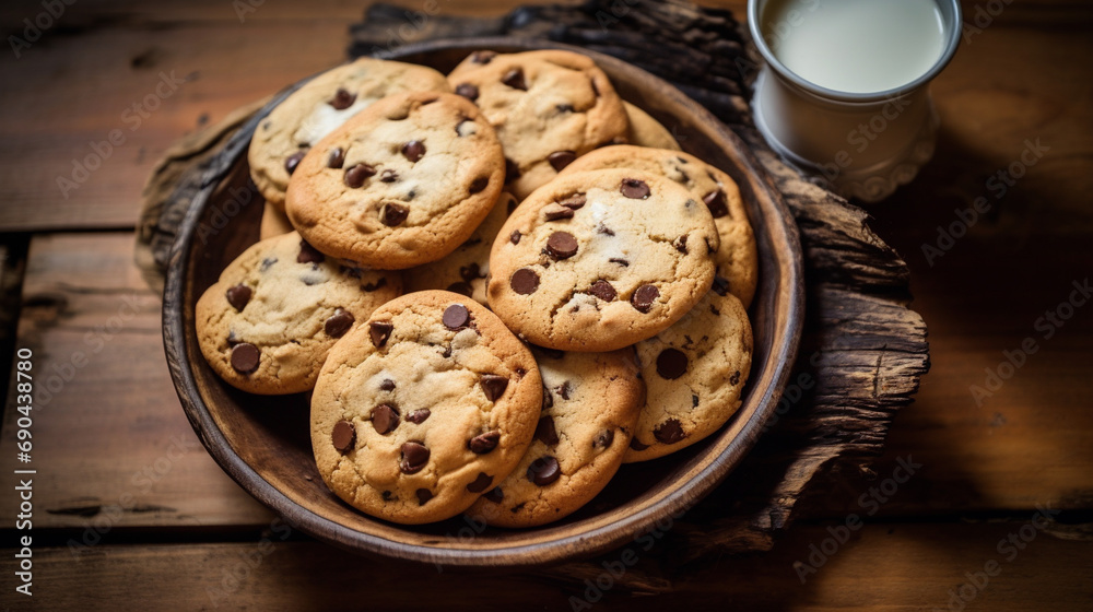 tray of freshly baked chocolate chip cookies on a rustic wooden table tray of freshly baked chocolate chip cookies on a rustic wooden table