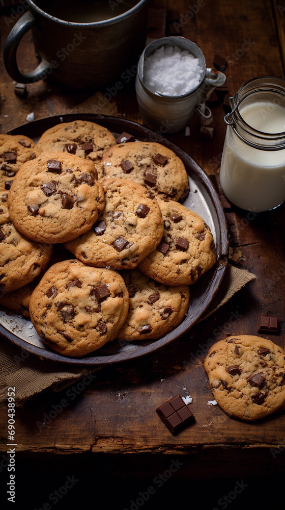 tray of freshly baked chocolate chip cookies on a rustic wooden table tray of freshly baked chocolate chip cookies on a rustic wooden table
