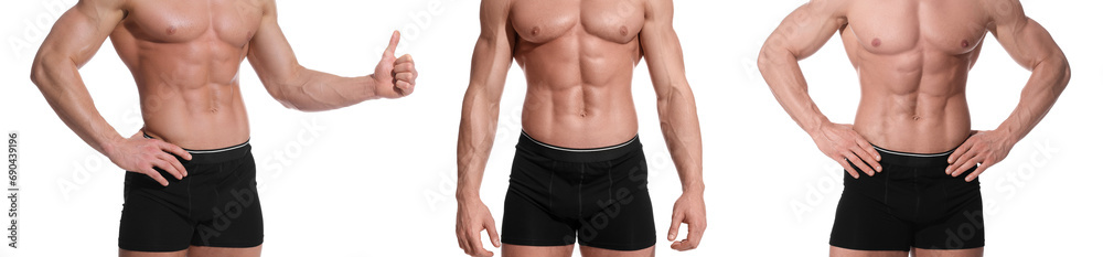 Man in stylish black underwear on white background, set of closeup photos