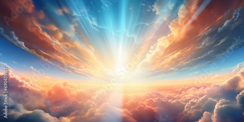 Radiant clouds encircle a brilliant light, forming a portal to the heavens above photo