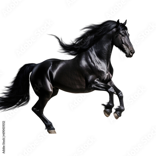 Black horse galloping isolated on white, transparent cutout