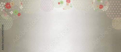 日本伝統の銀のまだら和紙素材に花柄と和柄のワイド背景素材 photo