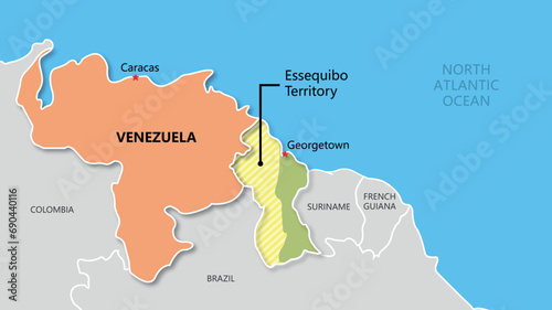 Map illustration of the territorial conflict between Venezuela and Guyana, South America. photo