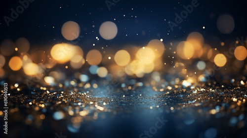 Gold blured circles on a blue background. Bokeh effect © CoolGraphics