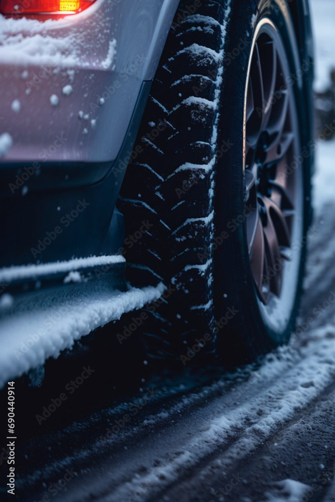 Close up of car tires in winter on the road covered with snow. Winter tire