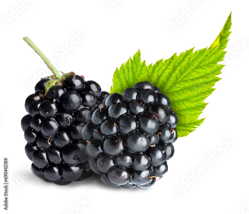Tasty ripe blackberries and green leaf isolated on white