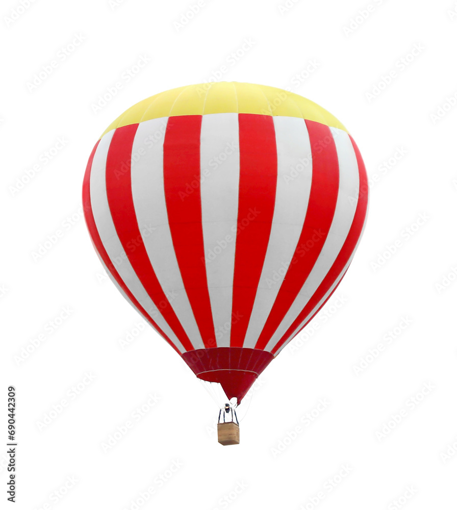 Fototapeta premium Bright hot-air balloon with wicker basket on white background