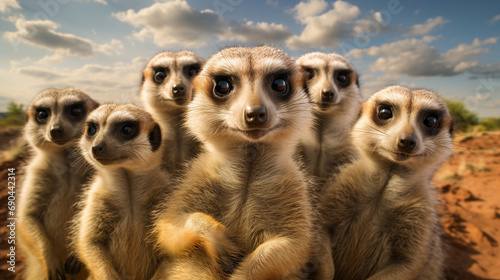 A playful group of curious meerkats standing up to look at the viewer. Meerkats live in Southern Africa's plains and grasslands. © Daniel L