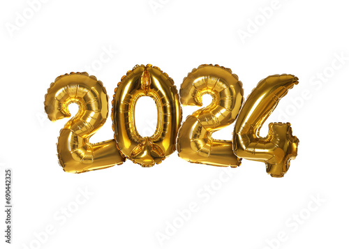 New 2024 Year. Golden number shaped balloons isolated on white