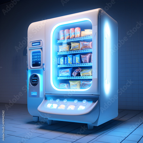 A futuristic vending machine with blue lights