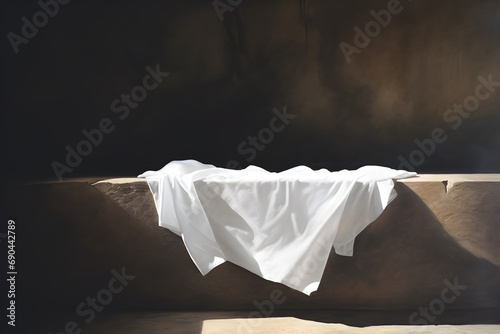 Resurrection Of Jesus Christ Concept. A Shroud And Crucifixion At Sunrise