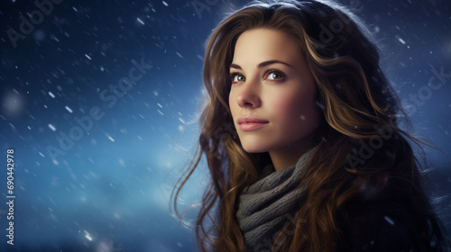 Beautiful young woman with long wavy hair over winter background.