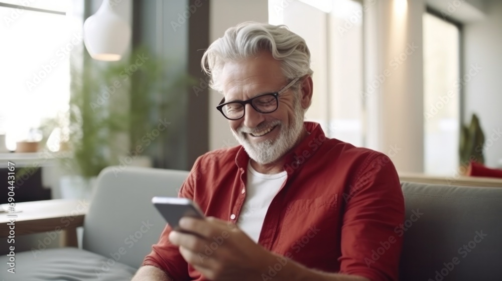 Happy senior male holding smartphone using mobile phone app. Technology, communication, happy adult man with smartphone at home, recreation, communication, sociality, hobbies, adaptation, AI gen. Happy senior male holding smartphone using mobile phone app. Technology, communication, happy adult man with smartphone at home, recreation, communication, sociality, hobbies, adaptation, AI gen.