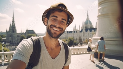 close-up shot of a good-looking male tourist. Enjoy free time outdoors near the sea on the beach. Looking at the camera while relaxing on a clear day Poses for travel selfies smiling happy tropical #690443112