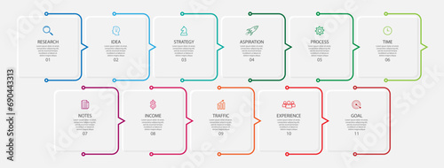 business infographic template. thin line design
with icons, text, number and 11 options or steps.
used for process diagrams, workflow layouts, flowcharts, infographics, 
and your presentations