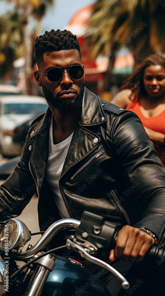 Handsome african american man in leather jacket and sunglasses sitting on motorbike.